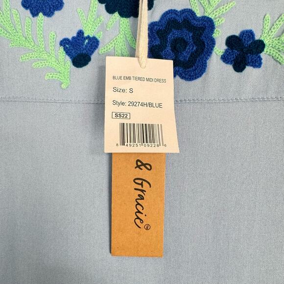 Gaby & Gracie NWT Blue Flower Embroidered Ruffle Sleeve Tiered Midi Shift Dress - Picture 5 of 8